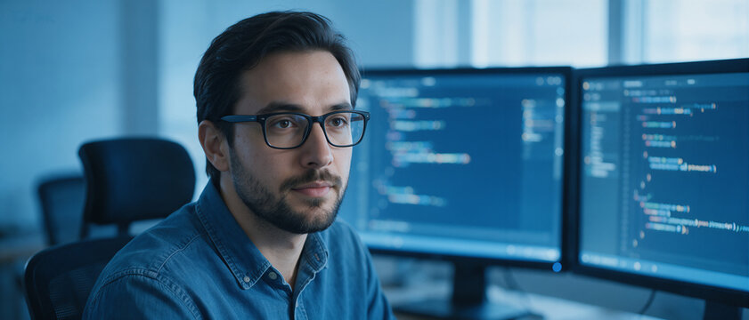Programmer working at dual monitors with software code in a dark office
