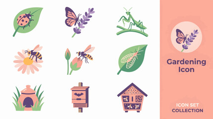 Teal green beneficial garden insects flat icon set with ladybug bee butterfly dragonfly snail beetle spider flower pot greenhouse arranged in 3x3 grid with central focus on ladybug. © Mii