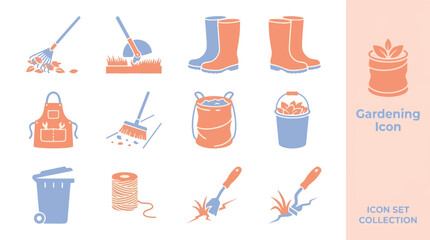 Teal orange gardening utility icons watering can trowel shovel pot greenhouse planter house flowers arranged in 4x3 grid with central watering can focus. © Mii