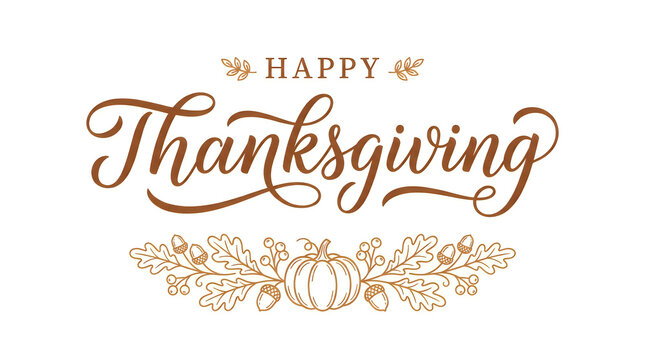 Handwritten happy thanksgiving script with pumpkin and oak leaf line art illustration on white background for seasonal harvest celebration greeting cards and digital marketing flyers.