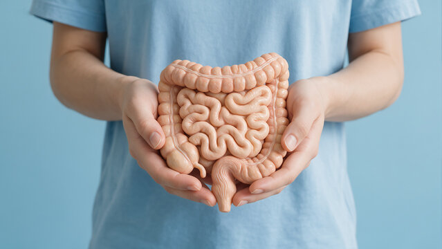 Healthcare worker holding an anatomical intestine model against a blue background
