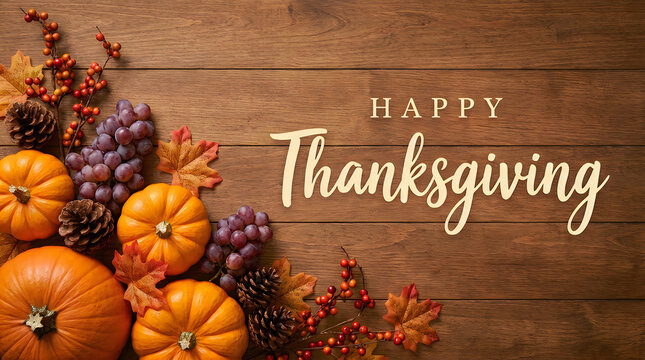 Happy thanksgiving typography on dark wood planks decorated with pumpkins fall leaves pinecones and grapes for seasonal harvest dinner concept or autumn festive background and social media.