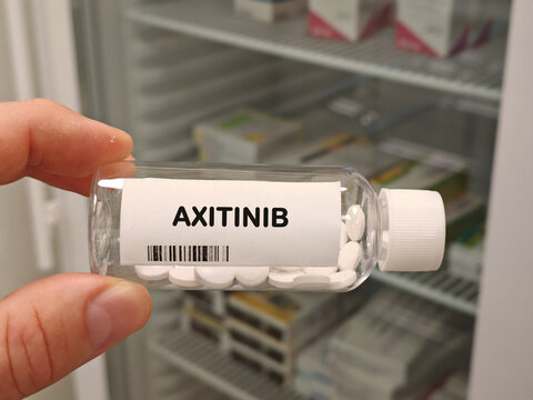 AXITINIB VEGFR tyrosine kinase inhibitor for kidney cancer bottle with tablets in pharmacy