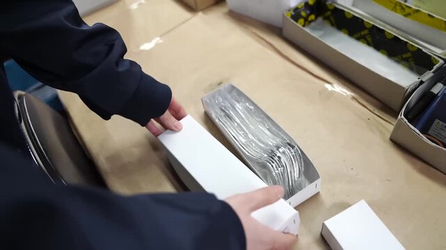 Worker placing white retail boxes over plastic wrapped stacks of forks on packing table
