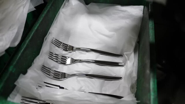 Worker in white gloves laying finished forks onto tissue paper inside green plastic crate for transport