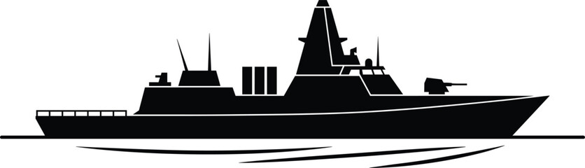 Modern military naval destroyer warship black silhouette vector illustration on stylized ocean waves © Lalchan