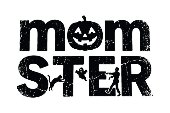 Momster halloween typography design with pumpkin and silhouette cats
