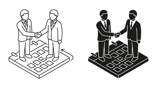 Businessmen shaking hands over a calendar isometric icon set with handshake
