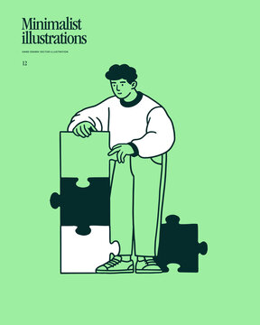 Man placing a large puzzle piece into position, illustrated in a minimalist flat line art style. Perfect for teamwork, problem solving, strategy, business, education, and web design.