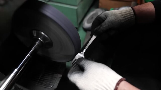 Worker in white cotton gloves pressing cutlery piece against spinning grinding wheel for smooth finish