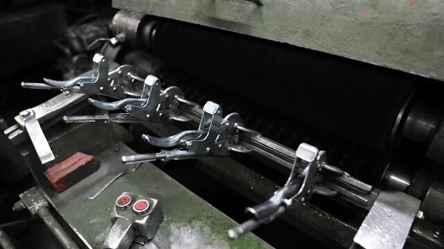 Row of steel locking clamps holding forks against rotating buffing roller on automatic polishing line