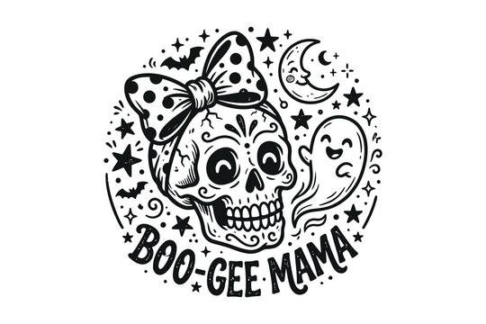 Vintage halloween skull design with bow and crescent moon illustration