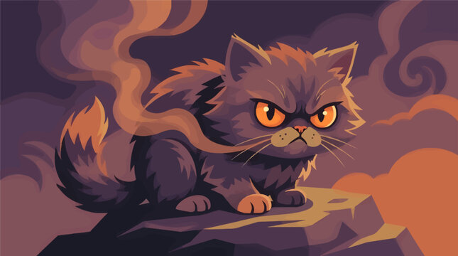 Grumpy Fluffy Cartoon Cat with Large Expressive Orange Eyes and Furrowed Brow, Sitting on Rocks with Smoke Swirling Around, Dark Moody Atmosphere, Flat Vector Illustration