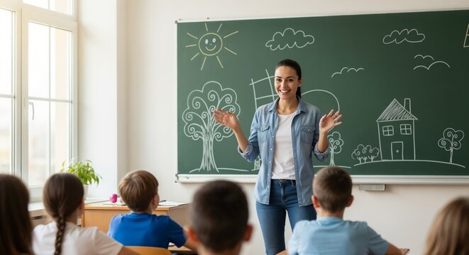 Teacher at blackboard engaging children with fun drawings in classroom. Classroom setting includes kids listening attentively to teacher, fostering an interactive learning experience.