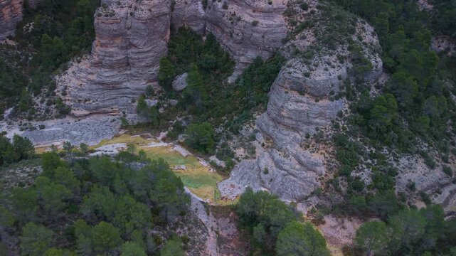 Aerial view from a drone of the La Pesquera landscape in the town of Beceite. Els Ports. Matarra&ntilde;a region. Province of Teruel. Autonomous Community of Aragon. Spain. Europe