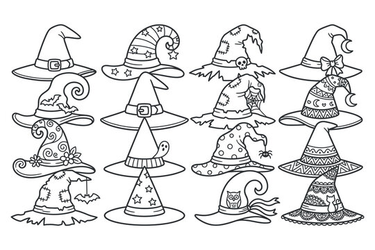 Variety of detailed witch hats collection black and white line art