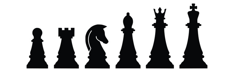 Chess Pieces Icon Set - Pawn, Rook, Knight, Bishop, Queen and King Silhouette Collection, Strategy Board Game Symbols Isolated on White Background Vector © TAHERA