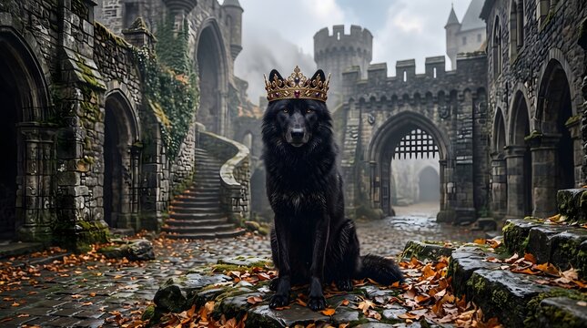 Black wolf wearing a golden crown in a castle. Majestic predator sitting in medieval ruins.