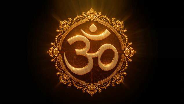 Golden om symbol with intricate ornamental frame on black background spiritual religious hinduism meditation buddhism ornamental background enlightenment tranquility mystical heritage