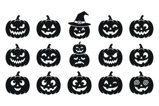 Halloween jack o' lantern silhouettes diverse carved pumpkin faces collection