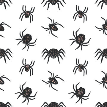 Halloween seamless pattern with black cartoon spider characters in various poses on white background. Creepy arachnid repeat texture with different body shapes and leg positions. Flat vector illustrat