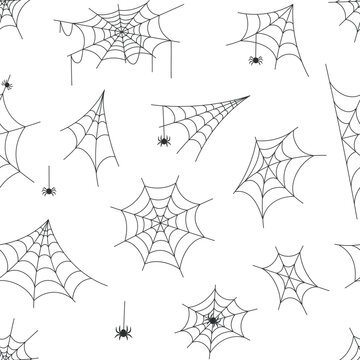 Halloween seamless pattern with black spider web and hanging spider on white background. Cobweb repeat texture with various corner and triangular web shapes. Flat vector illustration