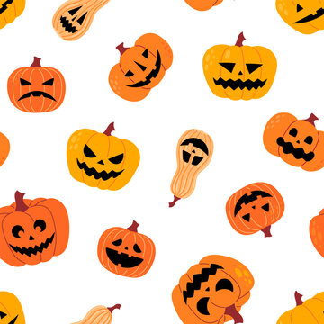 Halloween seamless pattern with orange and yellow carved jack o lantern pumpkin on white background. Scary and funny pumpkin face repeat texture with evil and happy expressions. Flat vector illustrati