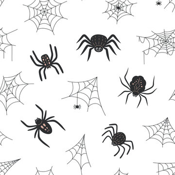 Halloween seamless pattern with black cartoon spider and cobweb on white background. Creepy arachnid and spiderweb repeat texture with hanging and crawling spider. Flat vector illustration
