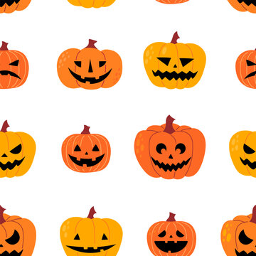Halloween seamless pattern with orange and yellow carved jack o lantern pumpkin faces on white background. Various funny and scary pumpkin expression repeat texture. Flat vector illustration