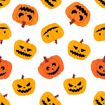 Halloween seamless pattern with orange carved pumpkin and beige gourd jack o lantern on white background. Various scary and funny pumpkin face repeat texture. Flat vector illustration