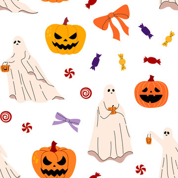 Halloween seamless pattern with ghost, pumpkin, candy and colorful bow on white background. Cute spooky trick or treat repeat texture with lollipop and jack o lantern. Flat vector illustration