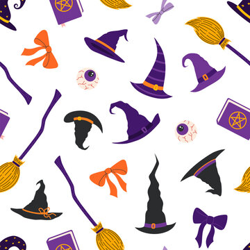 Halloween seamless pattern with witch hat, broom, magic book, eyeball and bow on white background. Purple and black spooky witch element repeat texture with orange accent. Flat vector illustration
