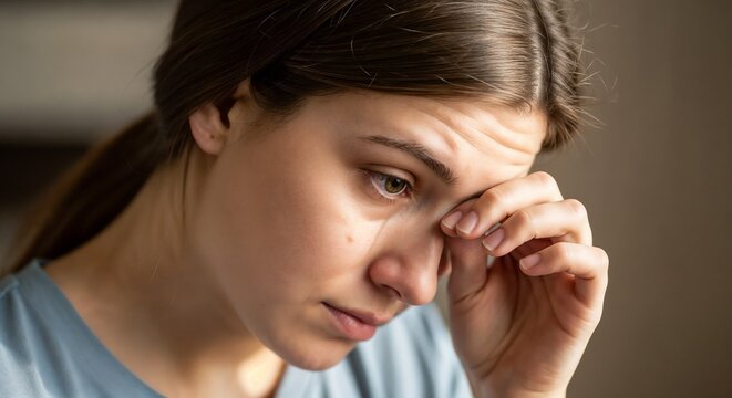 Close up young girl with red eyes from crying, showing distress, wiping tear. Pained expression conveys deep sorrow, vulnerable girl with red eyes from crying. Mental health, empathy,
