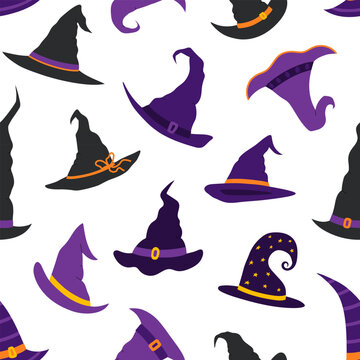 Halloween seamless pattern with purple and black witch hat collection on white background. Various pointed wizard hat shapes with buckle, star and stripe repeat texture. Flat vector illustration