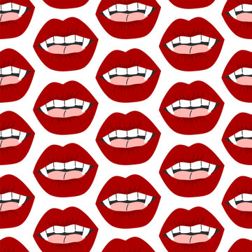 Halloween seamless pattern with red vampire lips and fangs on white background. Spooky open mouth with teeth repeat texture for horror holiday decoration. Flat vector illustration