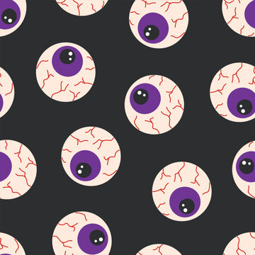 Halloween seamless pattern with spooky eyeball and red veins on dark background. Creepy cartoon eye repeat texture with purple iris for horror holiday decoration. Flat vector illustration