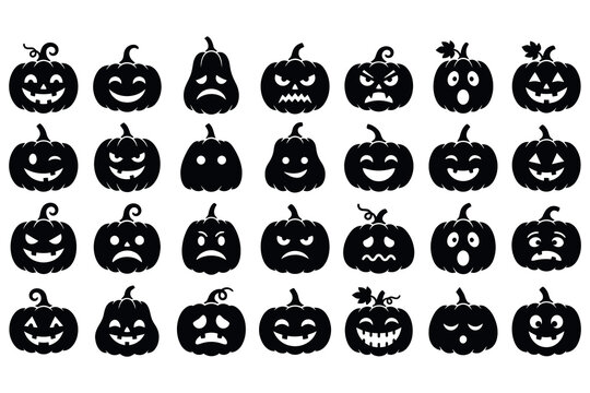 Variety of black silhouette jack o' lantern faces for halloween designs