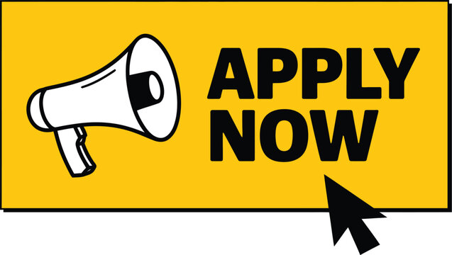 Apply now button vector, job application submit icon with click cursor for recruitment portals, career websites, hiring campaigns and employment services.