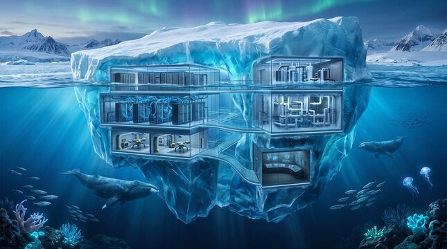 Ultra realistic cross section of an AI powered underwater iceberg data center with submerged server rooms, renewable cooling system, Arctic technology infrastructure, sustainable cloud computing