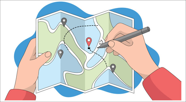 Travel route illustration with a person holding a folded map, drawing navigation paths, and marking destination pins for tourism planning, adventure, and vacation graphics, vector, designs.
