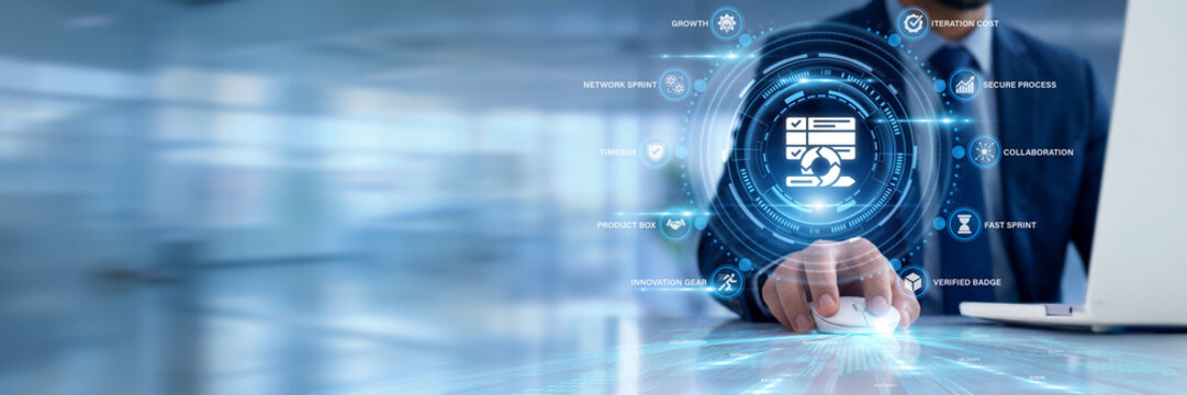 Businessman using a laptop for Agile data analysis, tracking software development sprint velocity, managing scrum team workflows, and optimizing product lifecycle management efficiency.