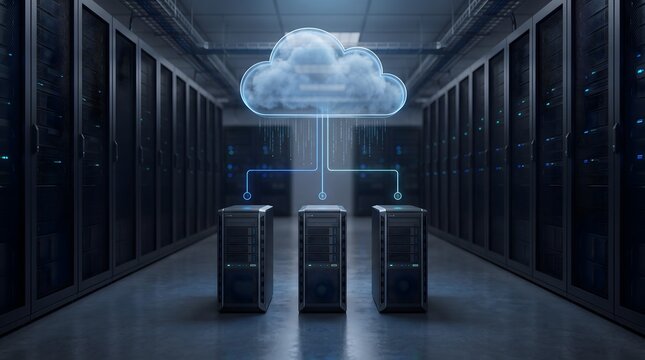 Server racks and three computers connected to a glowing cloud icon