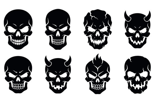 Eight black skull designs gothic devil and cracked variations for dark aesthetics