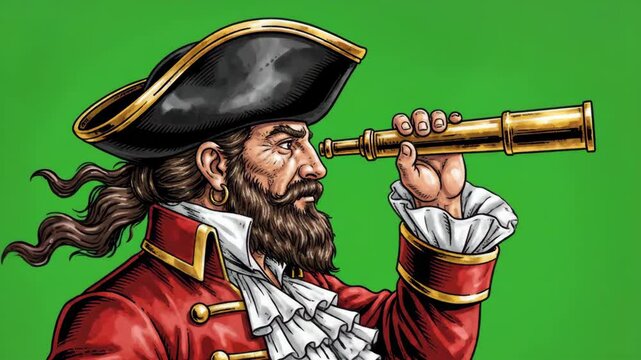 Naval Captain with spyglass in red coat observing horizon during exploration with cinematic motion