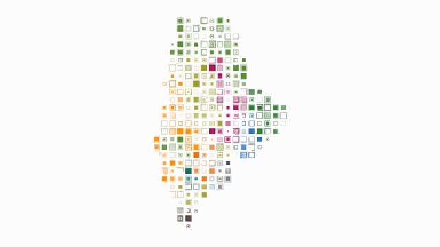 Maine animated shape. Pulsating colored dots on the map of the state. Large size square blocks. Digital style Maine map on white background. Vibrant animation video.