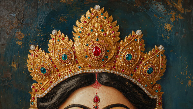 Close-up of ornate golden goddess crown with jewels and traditional ornamentation religion tradition festival adornment mythology spiritual ceremony traditional headdress forehead heritage