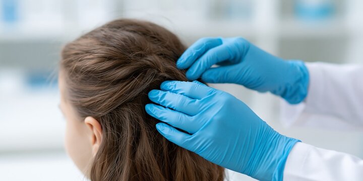 Doctor examining scalp of female patient