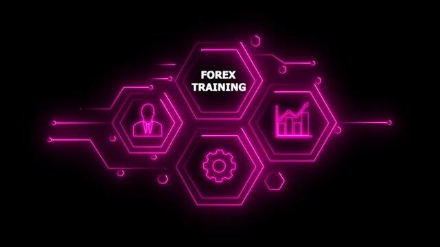 Abstract neon Hud knowledge ability business gear icon Glowing neon line concept. Glowing " FOREX TRAINING " button in German on a futuristic, abstract wave technology on black background. 4K video.