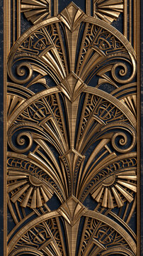 Painel luxuoso em relevo 3D dourado estilo Art Deco com padr&atilde;o geom&eacute;trico e floral vintage