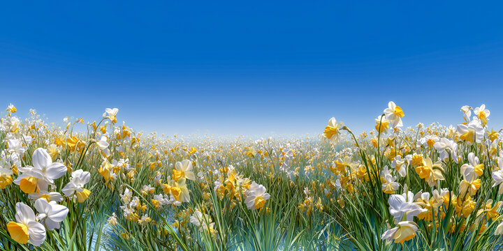 A wide high angle panoramic view looking down at a field of soft yellow spring daffodils under a blue sky